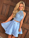 BohoProm homecoming dresses A-line Halter Mini Satin Short Two Piece Sky Blue Homecoming Dresses APD2664