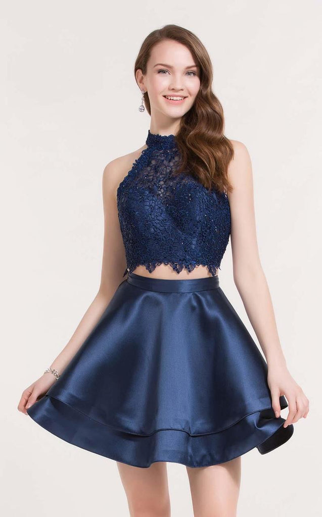 BohoProm homecoming dresses A-line Halter Mini Satin Short Two Piece Sky Blue Homecoming Dresses APD2664