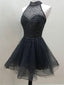 A-line Halter Mini Tulle Short Black Homecoming Dresses  WIth Sequins HX0047