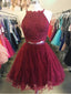 A-line Halter Mini Tulle Short Burgundy Homecoming Dresses With Beading APD2743