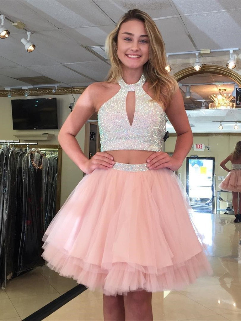 BohoProm homecoming dresses A-line Halter Mini Tulle Short Pink Homecoming Dresses With Sequins APD2737