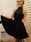 A-line High-Neck Mini Taffeta Short Black Homecoming Dresses With Appliques APD2744