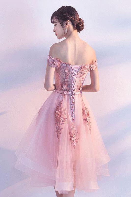 BohoProm homecoming dresses A-line Off-Shoulder High-Low Tulle Appliqued Pink Homecoming Dresses APD26912