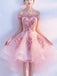 BohoProm homecoming dresses A-line Off-Shoulder High-Low Tulle Appliqued Pink Homecoming Dresses APD26912