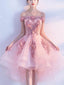 A-line Off-Shoulder High-Low Tulle Appliqued Pink Wedding Guest Dresses APD26912
