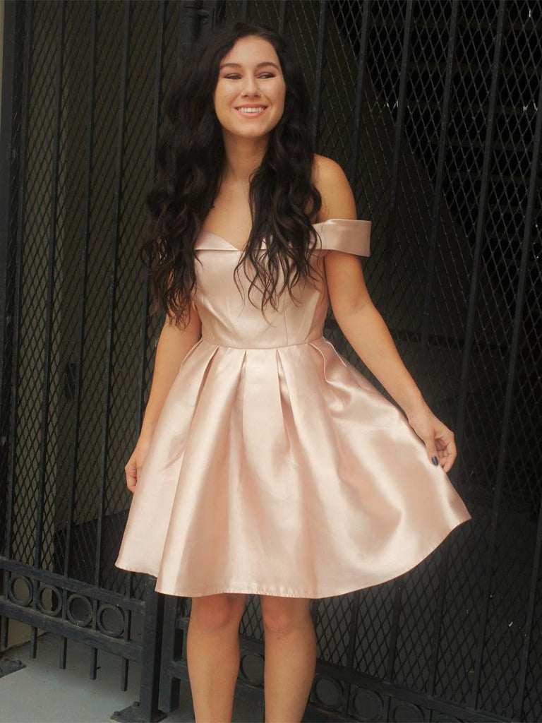 BohoProm homecoming dresses A-line Off-Shoulder Mini Satin Short Pearl Pink Simple Homecoming Dresses APD2739