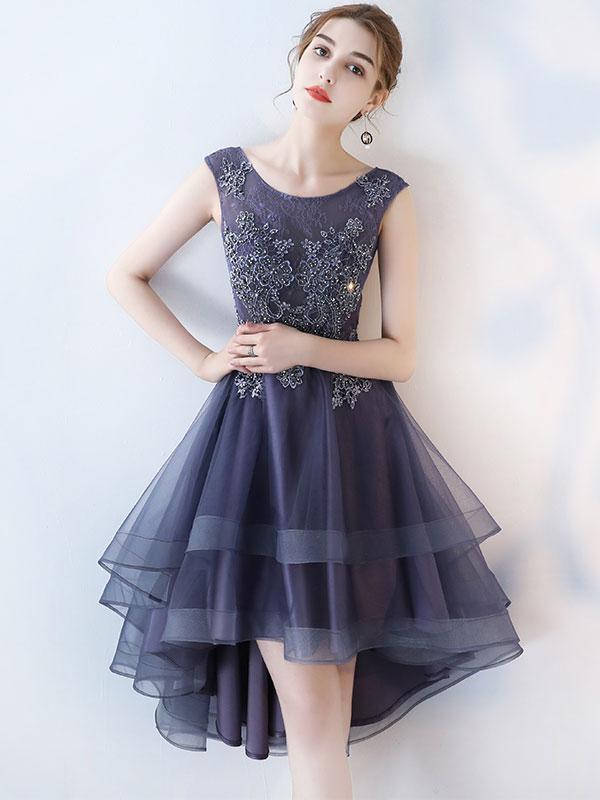 BohoProm homecoming dresses A-line Scoop-Neck Mini High-Low Tulle Short Appliqued Homecoming Dresses APD2763