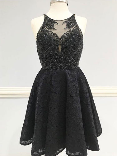 BohoProm homecoming dresses A-line Scoop-neck Mini Lace Short Black Homecoming Dresses With Rhine Stones APD2700