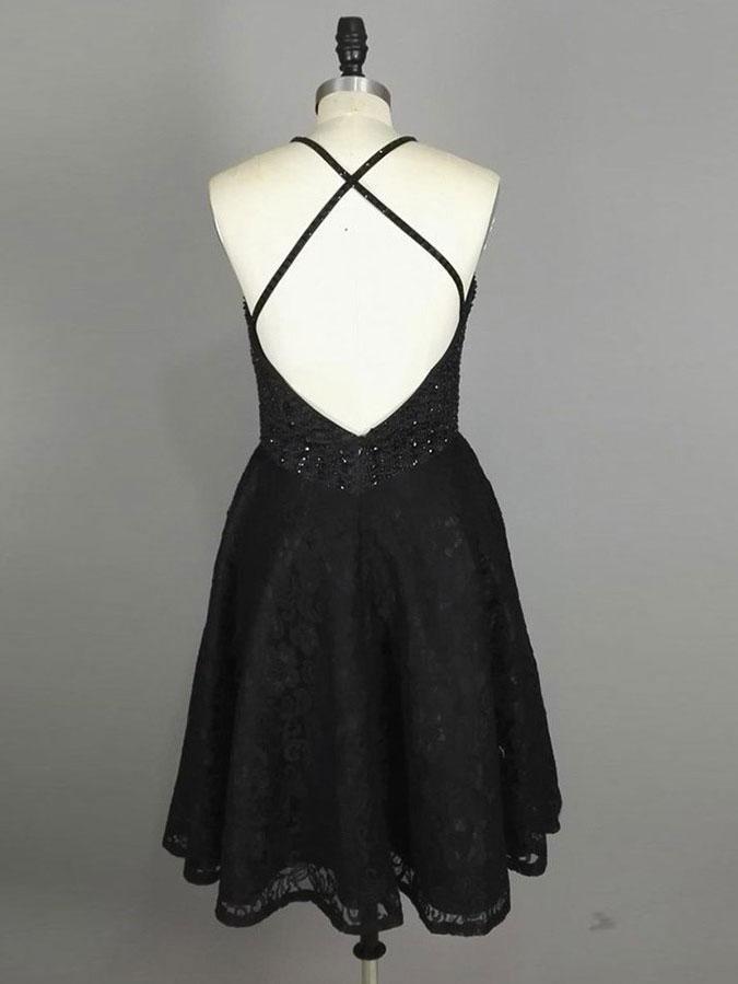 BohoProm homecoming dresses A-line Scoop-neck Mini Lace Short Black Homecoming Dresses With Rhine Stones APD2700