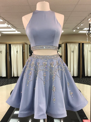 BohoProm homecoming dresses A-line Scoop-Neck Mini Satin Short Two Piece Homecoming Dresses With Rhine Stones APD2746