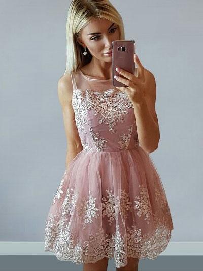 BohoProm homecoming dresses A-line Scoop-Neck Mini Tulle Short Appliqued Homecoming Dresses APD2762
