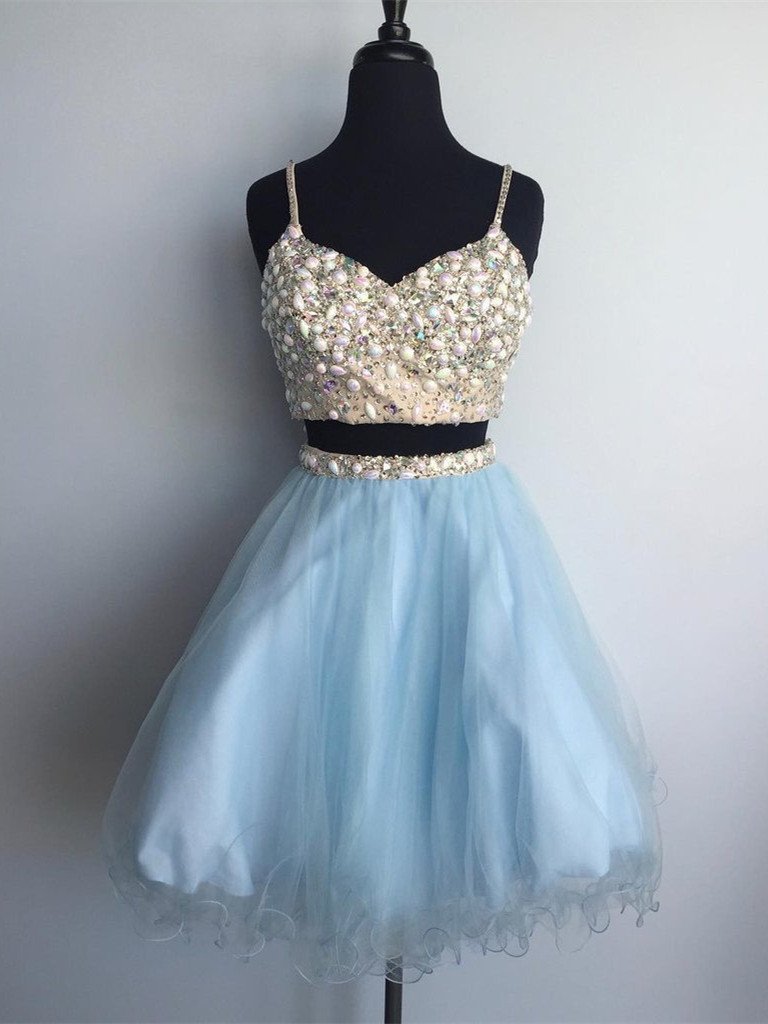 BohoProm homecoming dresses A-line Spaghetti Strap Mini Tulle Short Sequined Homecoming Dresses APD2662