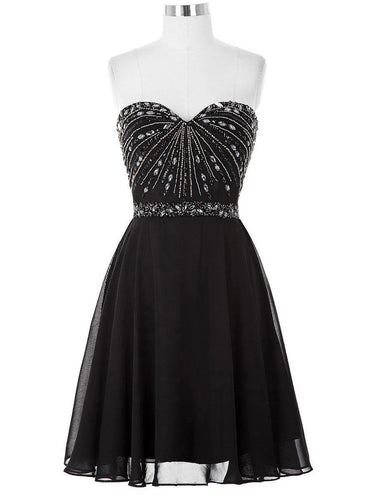 BohoProm homecoming dresses A-line Sweetheart Mini Chiffon Black Homecoming Dresses With Rhine Stones APD2609
