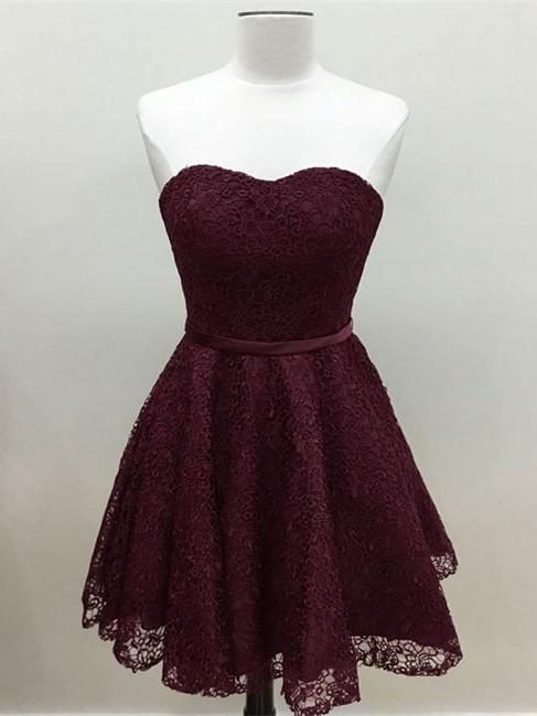 BohoProm homecoming dresses A-line Sweetheart Mini Lace Short Burgundy Simple Homecoming Dresses APD2735