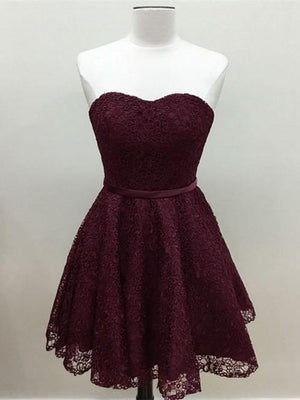 BohoProm homecoming dresses A-line Sweetheart Mini Lace Short Burgundy Simple Homecoming Dresses APD2735