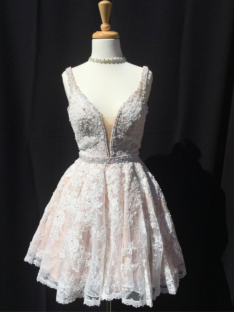 BohoProm homecoming dresses A-line V-neck Mini Lace Short Ivory Homecoming Dresses With Beading APD2699