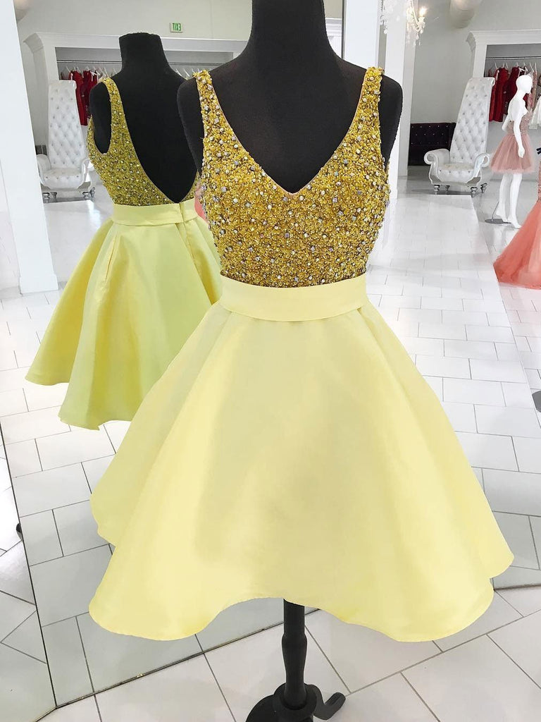 BohoProm homecoming dresses A-line V-Neck  Mini Satin Rhine Stone Sequined Homecoming Dresses 2767