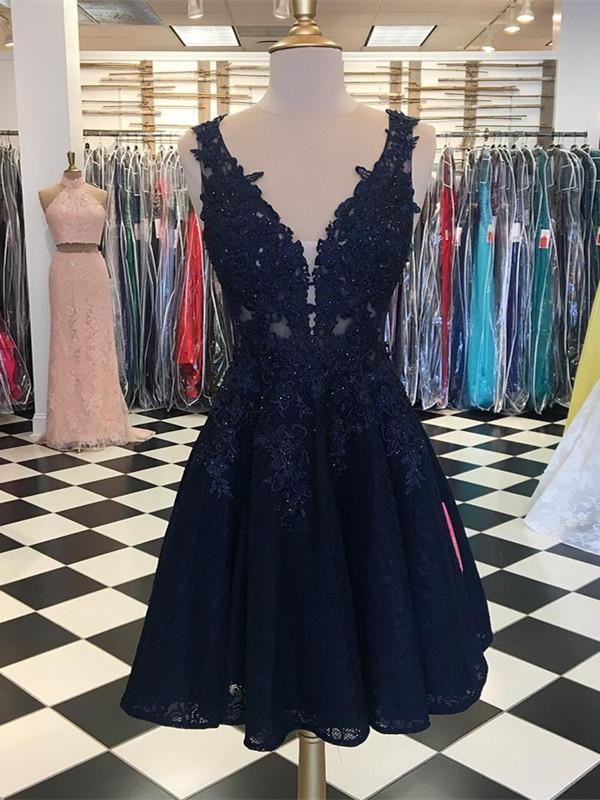 BohoProm homecoming dresses Attractive Lace V-neck Neckline A-line Homecoming Dresses With Beaded Appliques HD124