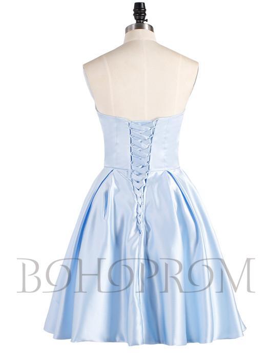 BohoProm homecoming dresses Attractive Satin Strapless Neckline Short A-line Homecoming Dresses HD155