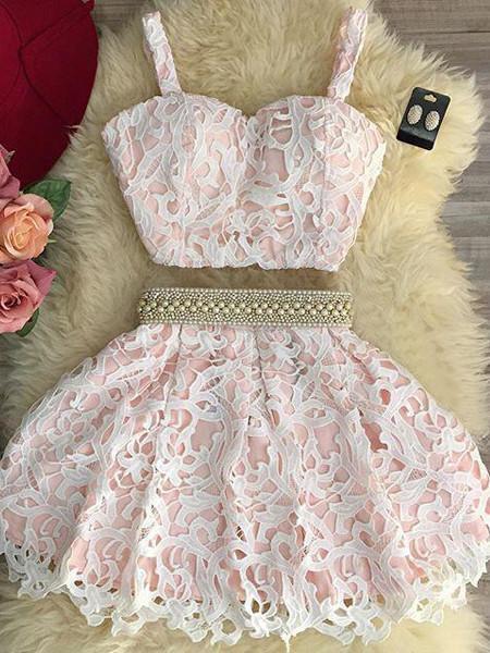 BohoProm homecoming dresses Beautiful Lace Spaghetti Straps Neckline 2 Pieces Ball Gown Homecoming Dress HD020