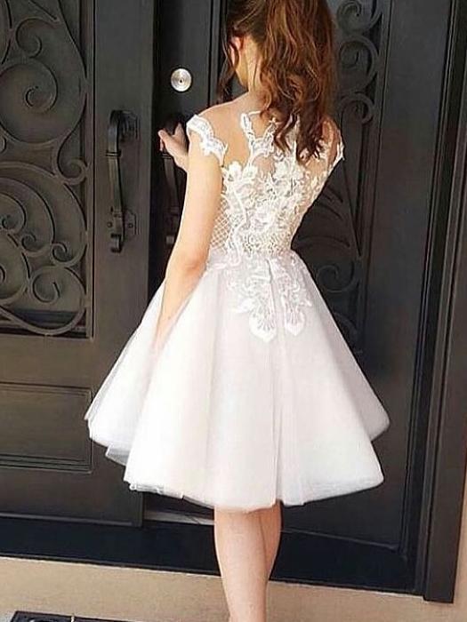 BohoProm homecoming dresses Chic Tulle Bateau Neckline Knee-length A-line Homecoming Dresses With Appliques HD096