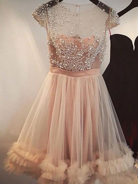 BohoProm homecoming dresses Chic Tulle Scoop Neckline Cap Sleeves A-line Homecoming Dresses With Pearls HD079