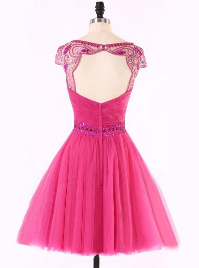 BohoProm homecoming dresses Delicate Tulle Bataeu Neckline Cap Sleeves A-line Homecoming Dresses With Beadings HD028
