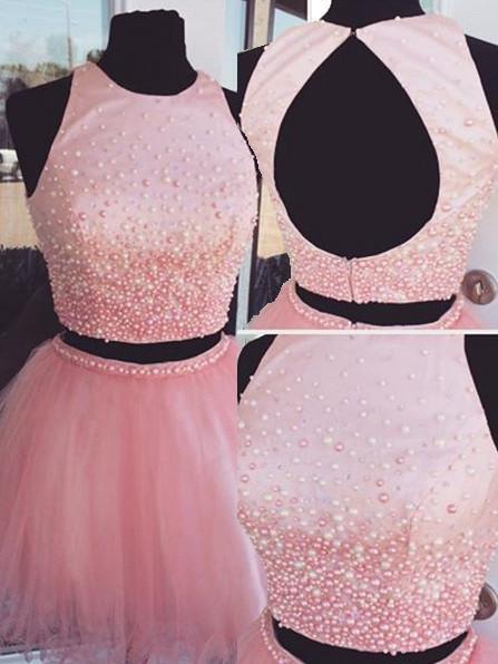 BohoProm homecoming dresses Delicate Tulle Jewel Neckline Cut-out 2 Pieces A-line Homecoming Dresses With Pearls HD086