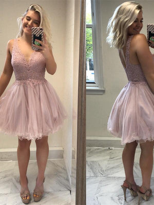 BohoProm homecoming dresses Exquisite Tulle V-neck Neckline A-line Homecoming Dresses With Beaded Appliques HD138