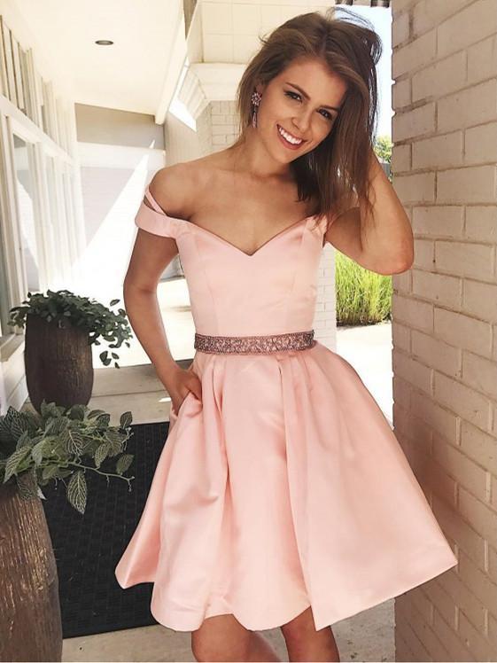 BohoProm homecoming dresses Fabulous Satin Off-the-shoulder Neckline A-line Homecoming Dresses HD174