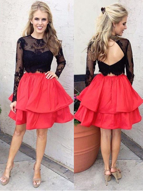 BohoProm homecoming dresses Fantastic Satin Jewel Neckline 2 Pieces A-line Homecoming Dresses With Appliques HD078