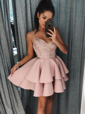 BohoProm homecoming dresses Graceful Satin Spaghetti Straps Neckline Short A-line Homecoming Dresses HD193