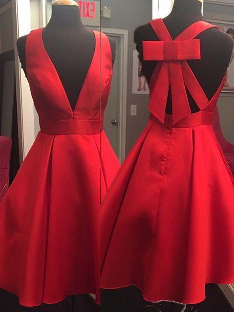BohoProm homecoming dresses Graceful Satin V-neck Neckline Short Length A-line Homecoming Dresses With Bowknot HD063