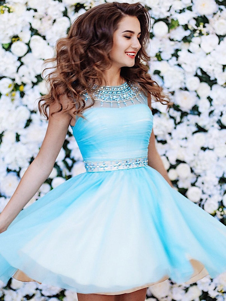 BohoProm homecoming dresses Outstanding Tulle Scoop Neckline Cut-out A-line Homecoming Dresses With Beadings HD027