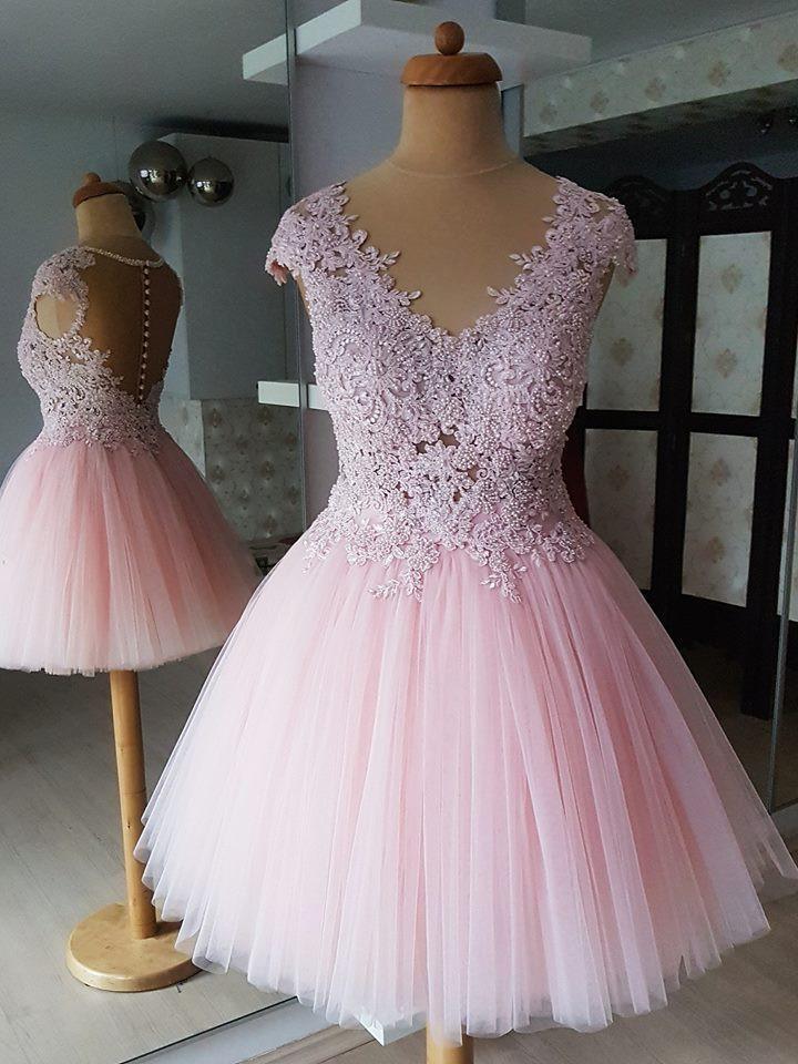 BohoProm homecoming dresses Outstanding Tulle V-neck Neckline Cap Sleeves A-line Homecoming Dresses HD125