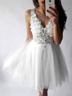 BohoProm homecoming dresses Romantic Tulle V-neck Neckline A-line Homecoming Dresses With Beaded Appliques HD115