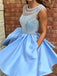 BohoProm homecoming dresses Shimmering Satin Jewel Neckline Cap Sleeves A-line Homecoming Dresses HD178