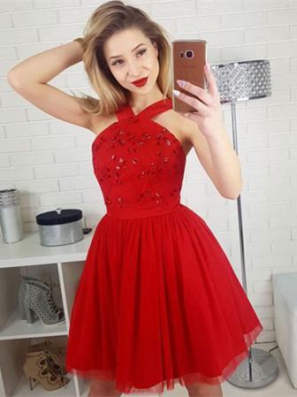 BohoProm homecoming dresses Shining Tulle Halter Neckline A-line Homecoming Dresses With Sequins HD118