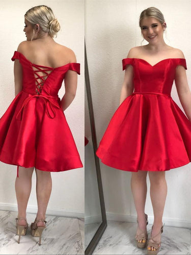 BohoProm homecoming dresses Simple Satin Off-the-shoulder Neckline A-line Homecoming Dresses HD140