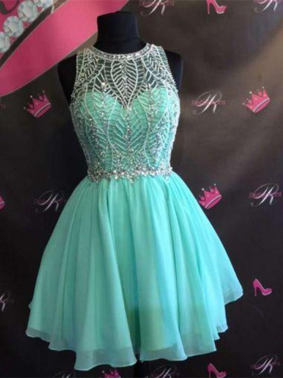 BohoProm homecoming dresses Sparkly Chiffon Jewel Neckline Short A-line Homecoming Dresses HD208