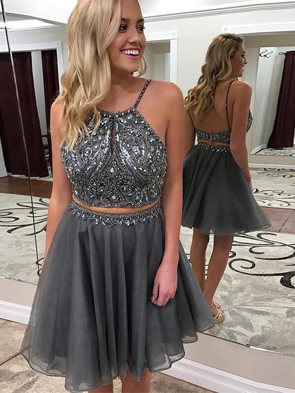 BohoProm homecoming dresses Sparkly Tulle Scoop Neckline 2 Pieces A-line Homecoming Dresses HD163