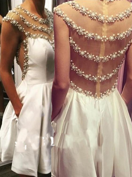BohoProm homecoming dresses Wonderful Satin Scoop Neckline A-line Homecoming Dresses With Pearls HD081