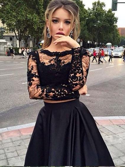 BohoProm prom dresses A-line Bateau Floor-Length Satin Black Two Piece Prom Dresses HX0061