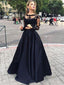 A-line Bateau Floor-Length Satin Black Two Piece Prom Dresses HX0061