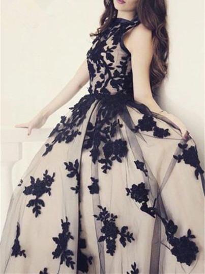 BohoProm prom dresses A-line Bateau Floor-length Tulle Appliqued Prom Dresses HX00147