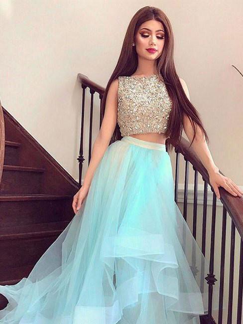 BohoProm prom dresses A-line Bateau Sweep Train Organza Sequined Two Piece Prom Dress 3059