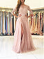 A-line Bateau Sweep Train Tulle Split Appliqued Prom Dresses 2792