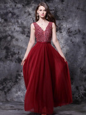BohoProm prom dresses A-line Deep-V Floor-Length Chiffon Beaded Prom Dress 3124