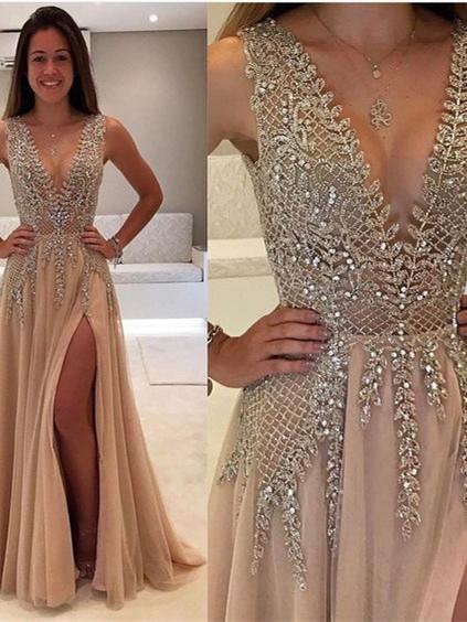 BohoProm prom dresses A-line Deep-V Floor-Length Chiffon Prom Dresses With Rhine Stones HX00162