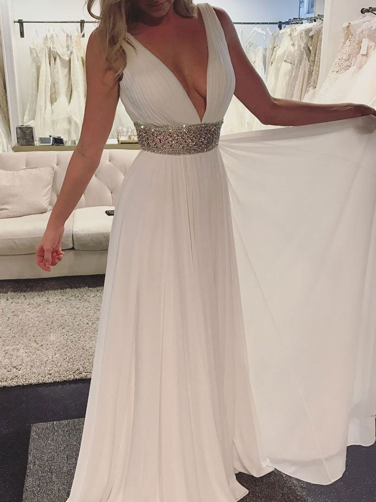 BohoProm prom dresses A-line Deep -V Floor-Length  Chiffon Rhine Stone Open Back  Prom Dresses 2796